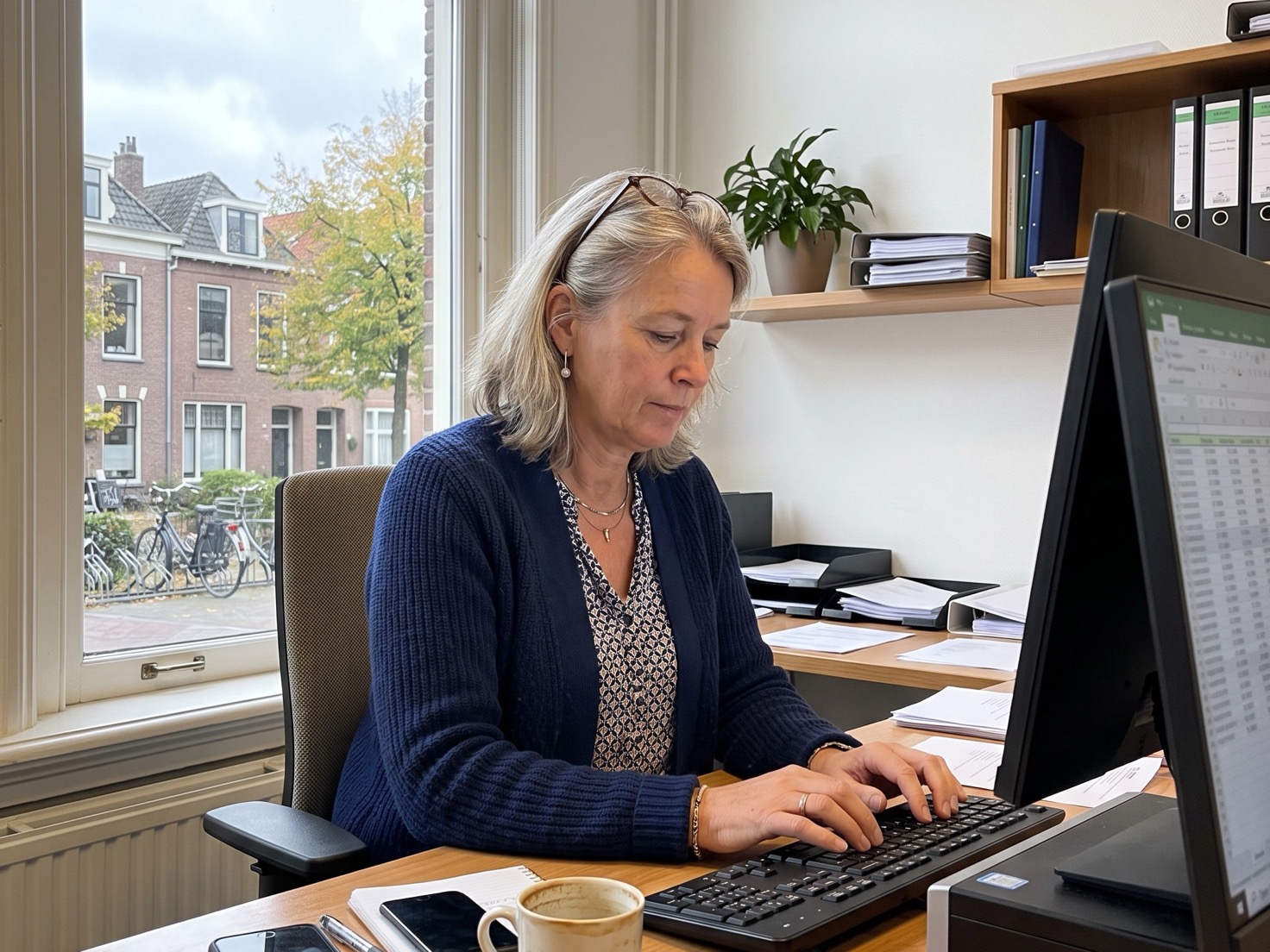 Financieel adviseur achter haar bureau in een rustig advieskantoor, scherm van de camera af