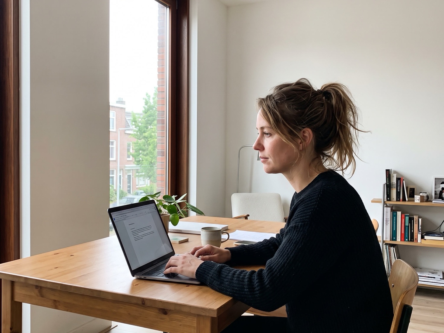 Financieel adviseur werkt aan een laptop bij het raam en bereidt content voor ondernemende klanten voor