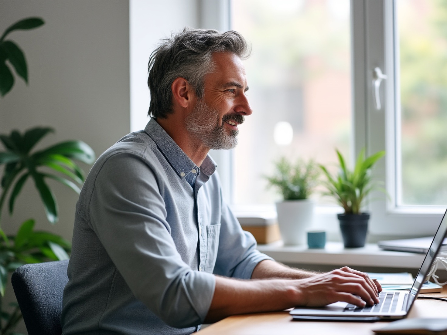 Financieel adviseur werkt aan zijn bureau bij het raam in een rustig advieskantoor