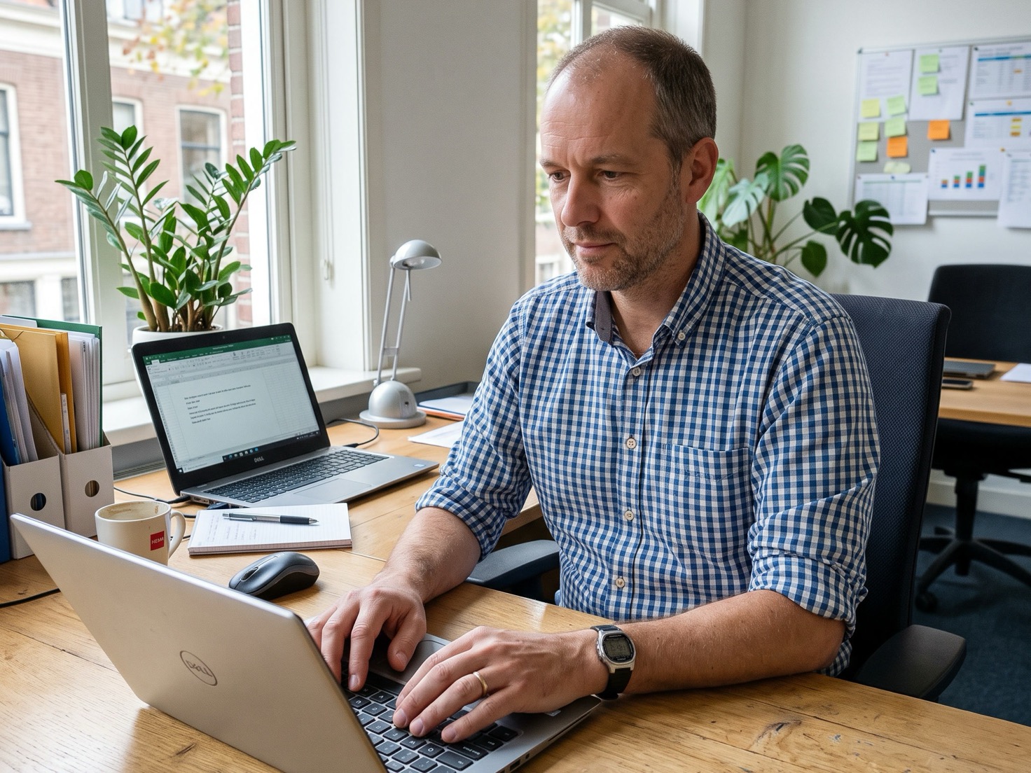 Nederlandse adviseur achter een licht houten bureau tijdens het schrijven van een nieuwsbrief op zijn laptop