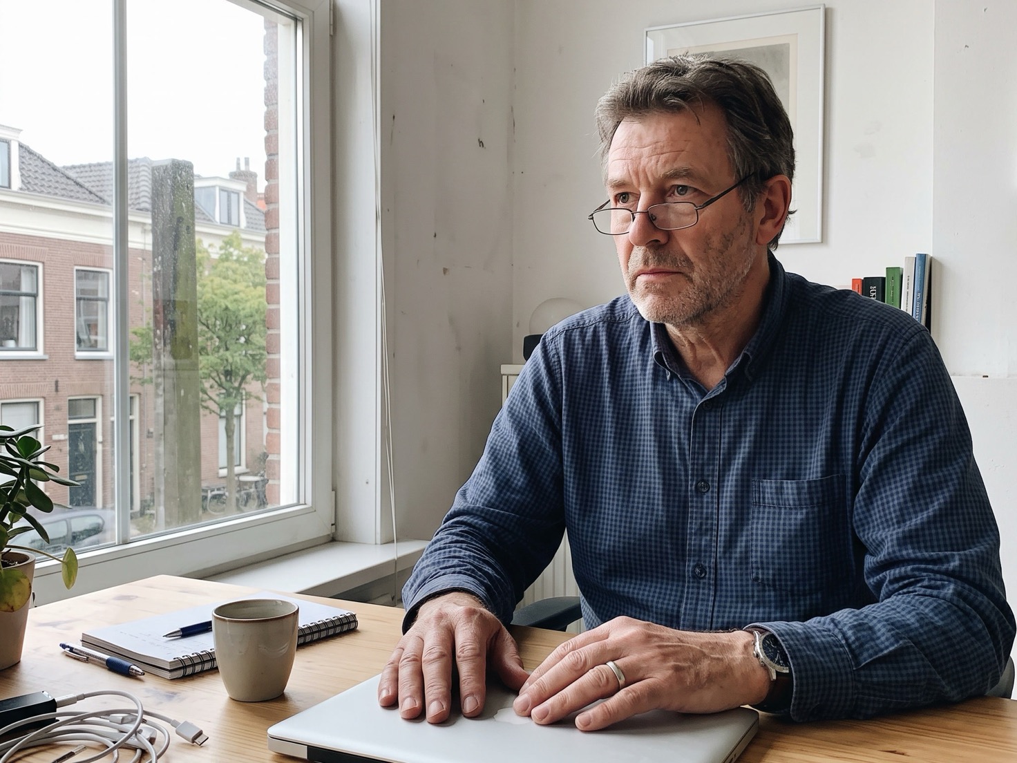 Adviseur zit geconcentreerd achter zijn bureau met een laptop in zijn advieskantoor