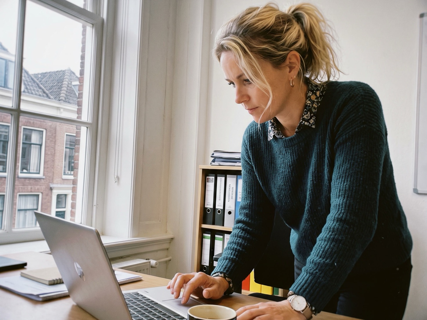 Financieel adviseur staat naast haar bureau en klikt iets aan op haar laptop na het inplannen van een afspraak.