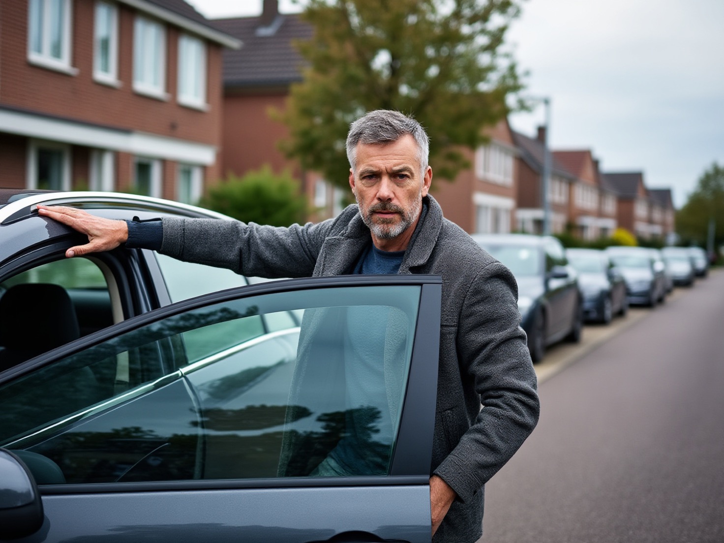 Man van rond de vijftig stapt uit zijn auto in een Nederlandse woonwijk