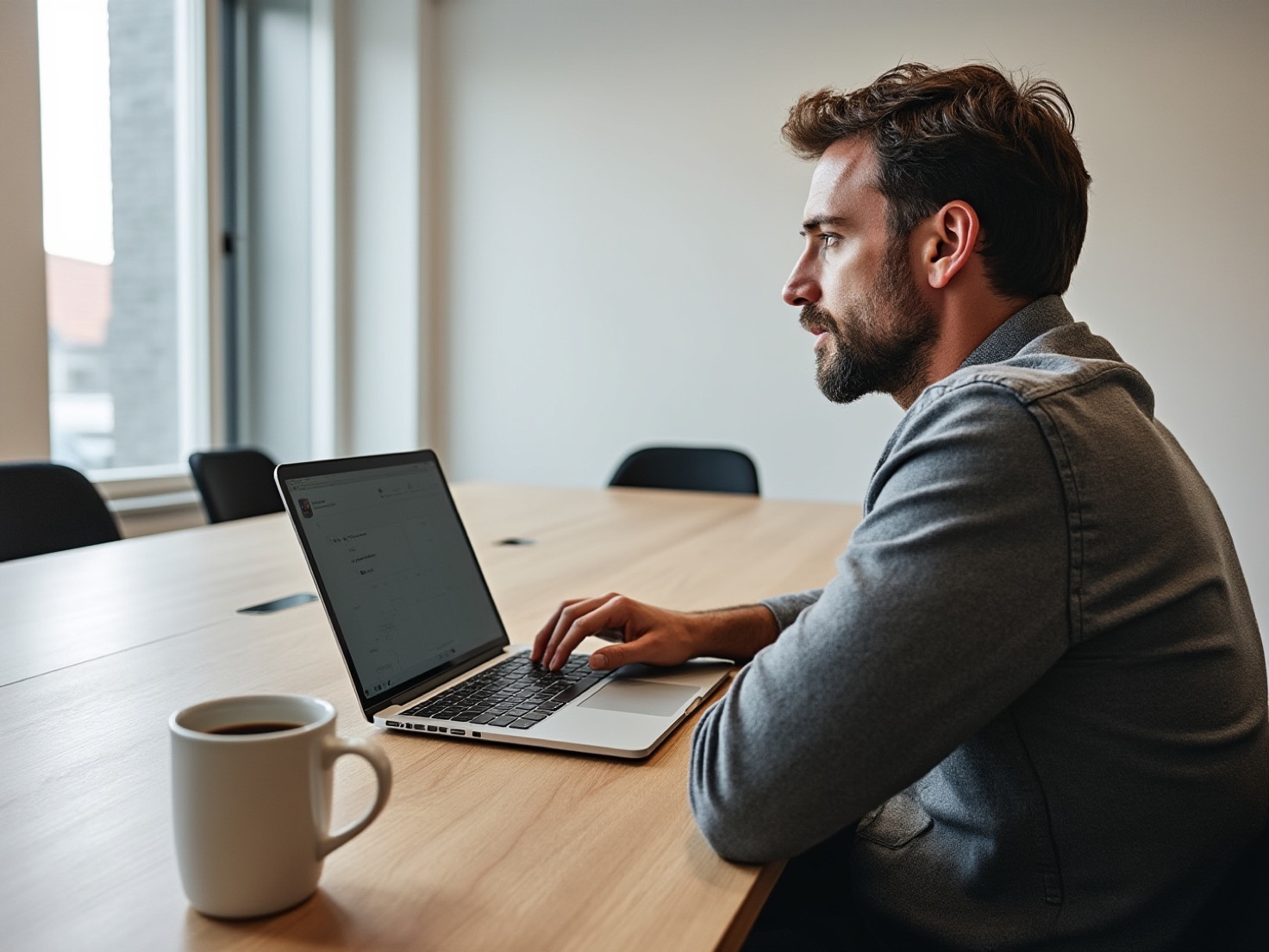 Financieel adviseur werkt aan een laptop in een rustig advieskantoor