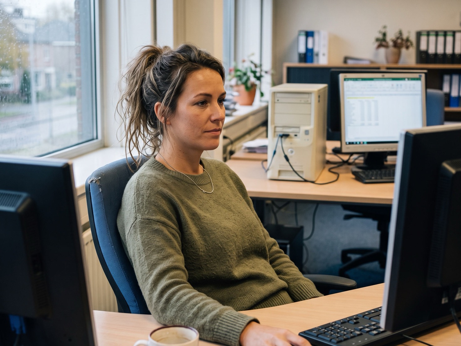 Adviseur werkt geconcentreerd achter een bureau in een rustig advieskantoor, met een oudere computer nog aangesloten op een tweede werkplek