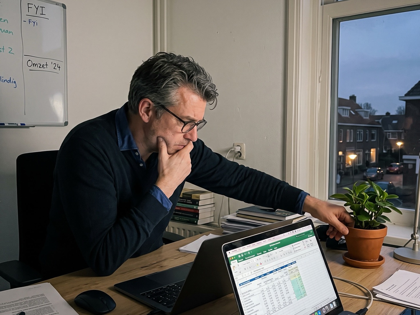 Financieel adviseur bekijkt aan het eind van de dag zijn laptop in zijn kantoor