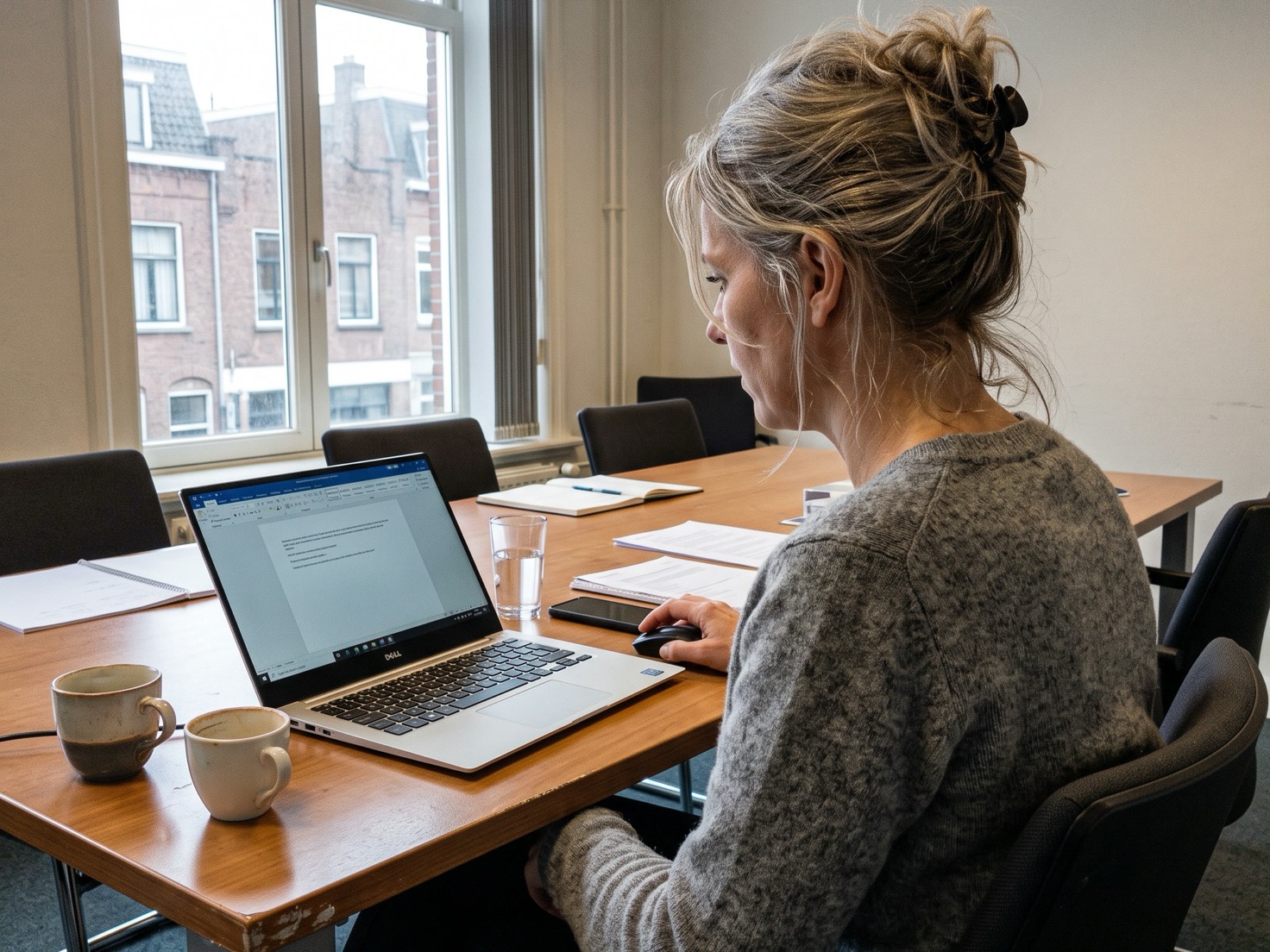 Adviseur die achter haar laptop aan een overlegtafel een klantdossier doorneemt