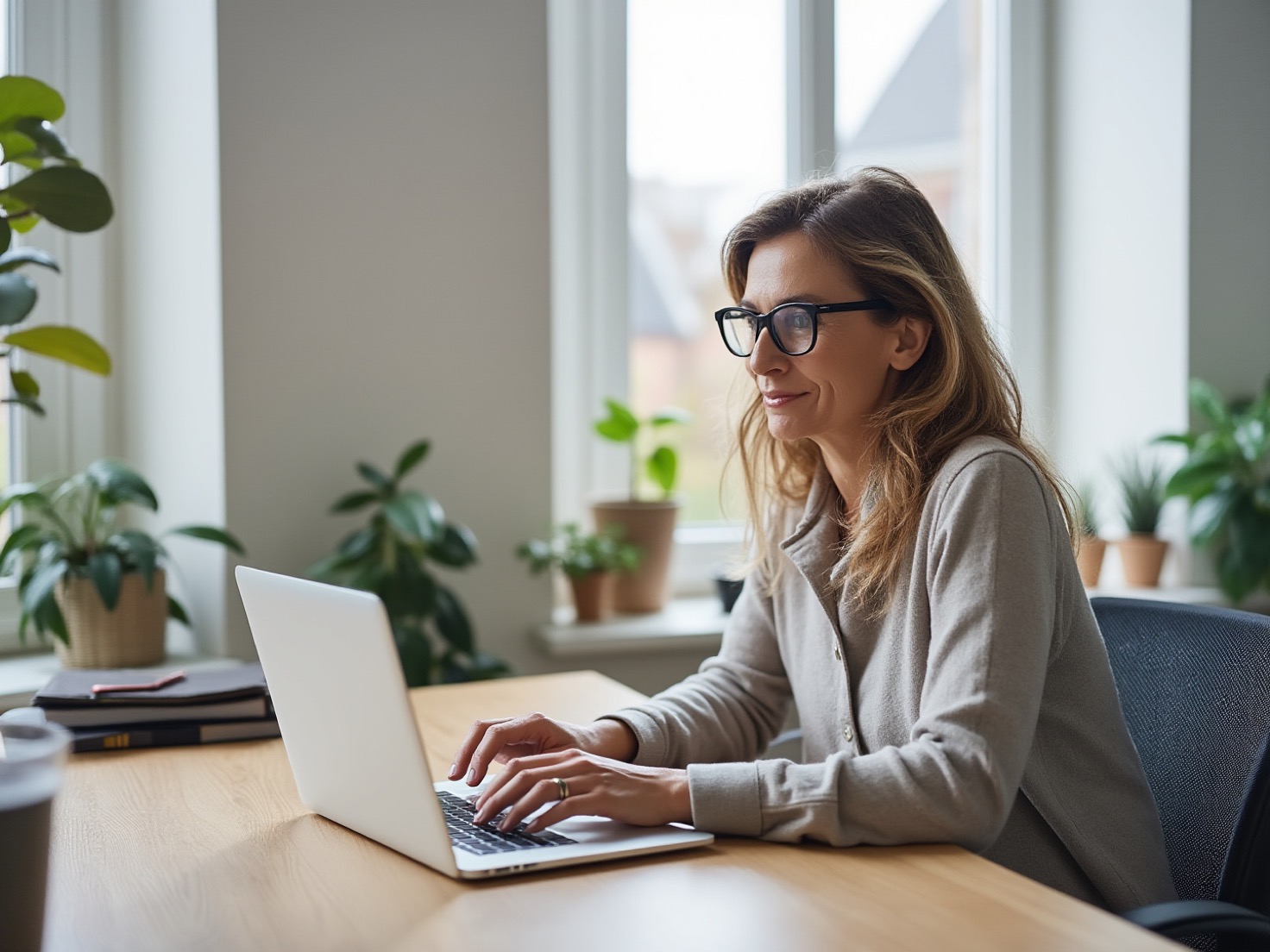 Financieel adviseur achter een laptop in een rustig advieskantoor, bezig met het uitzoeken van klantvragen