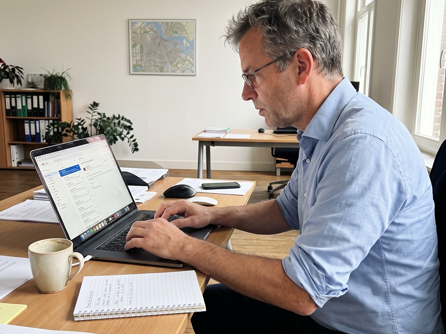 Financieel adviseur achter zijn laptop stelt een bericht op aan overgenomen klanten