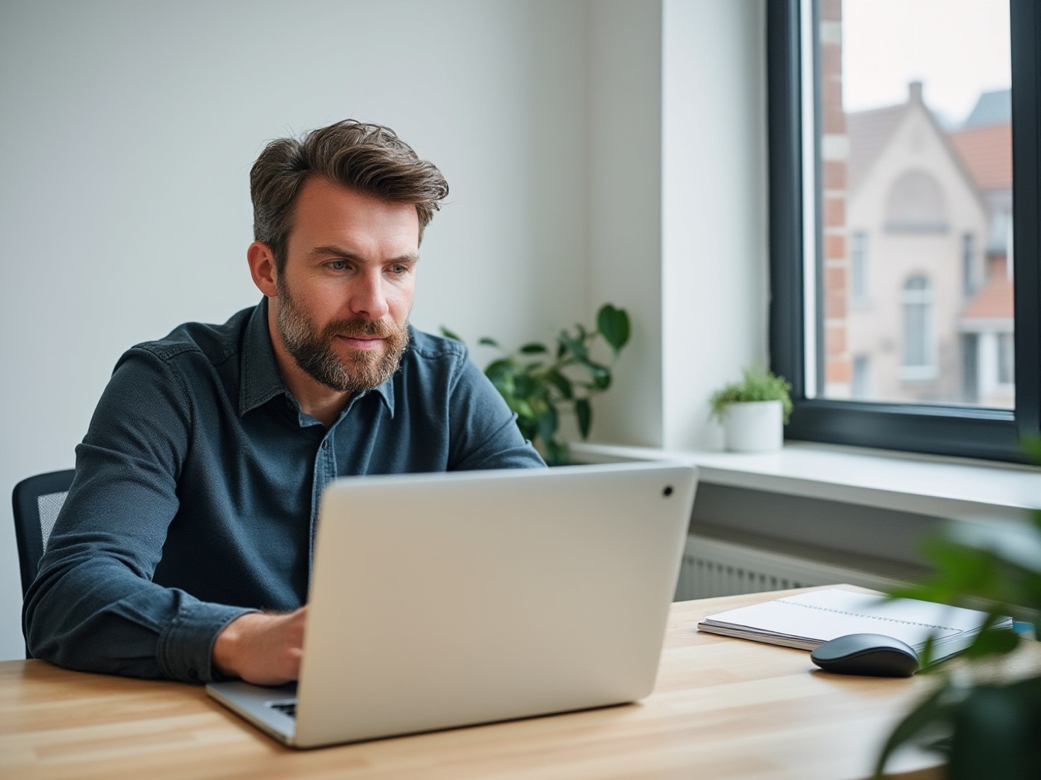 Financieel adviseur achter zijn bureau werkt aan de prijsinformatie op zijn website