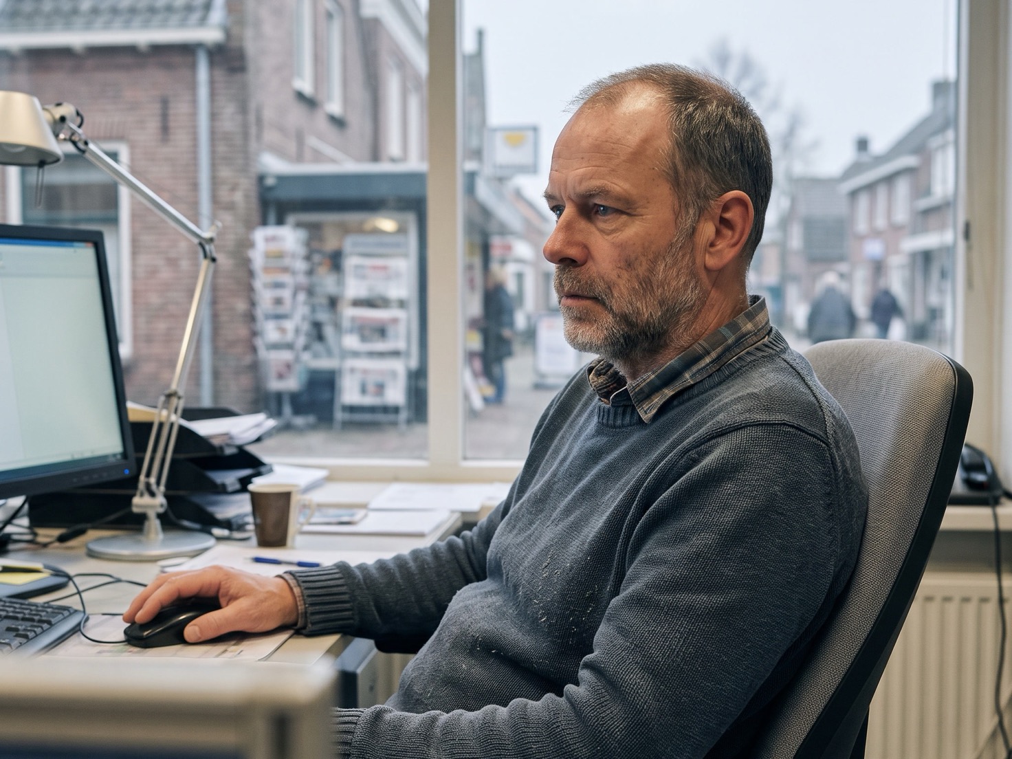 Financieel adviseur werkt achter zijn bureau in een advieskantoor met uitzicht op een dorpsstraatje