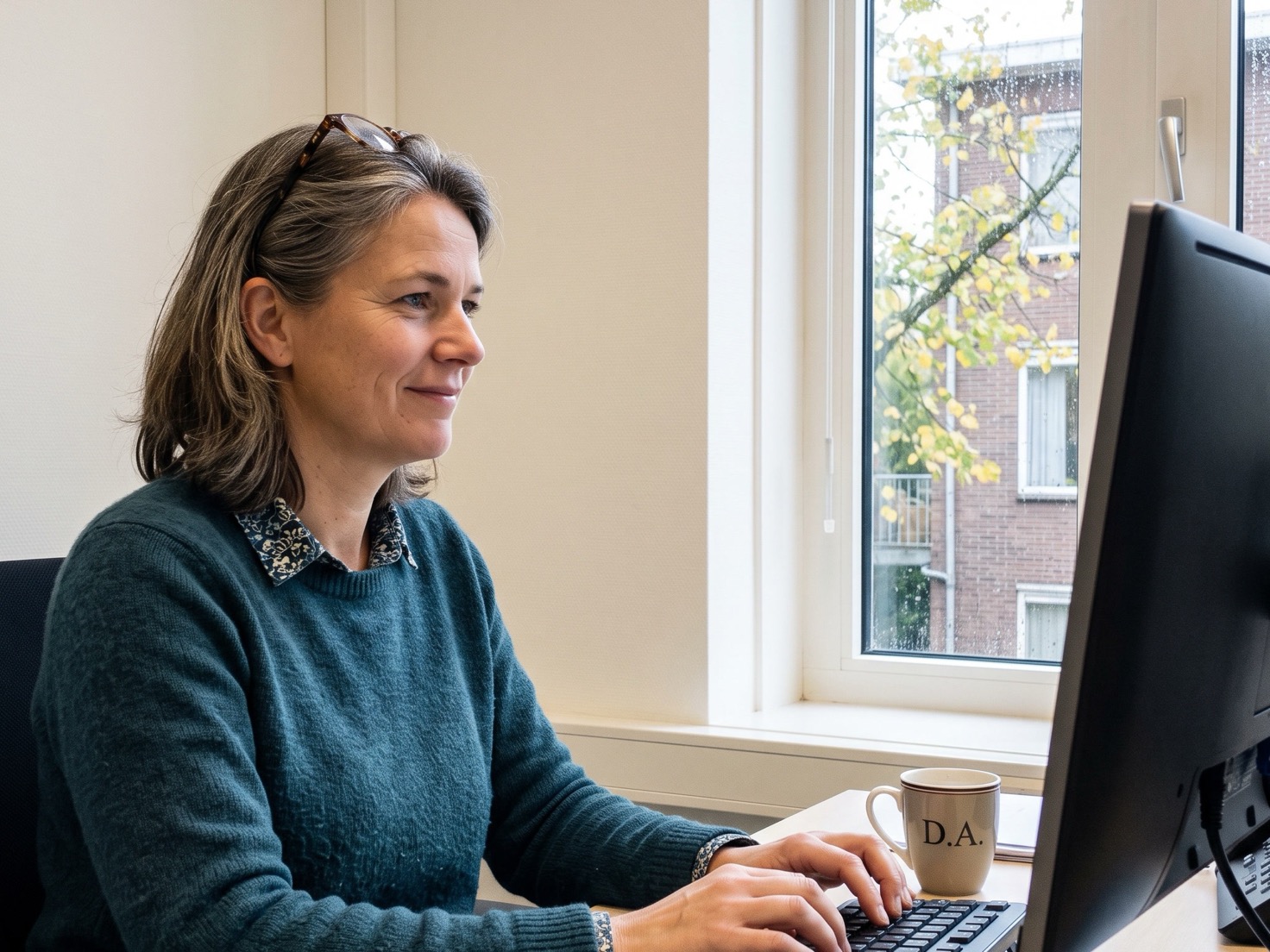 Nederlandse financieel adviseur werkt van opzij gefotografeerd aan haar bureau bij het raam in een rustig advieskantoor