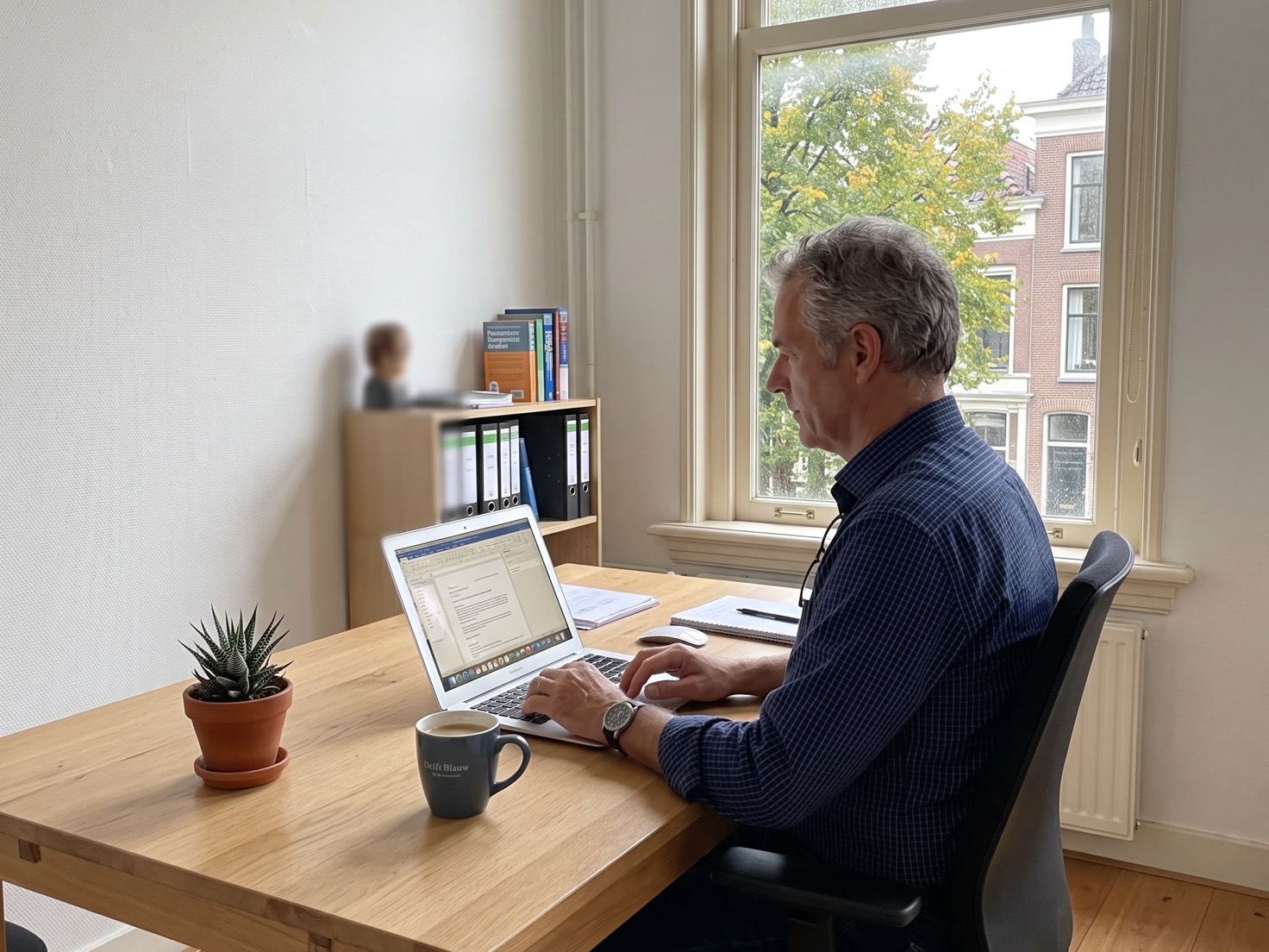 Adviseur werkt geconcentreerd achter zijn bureau in een rustig advieskantoor
