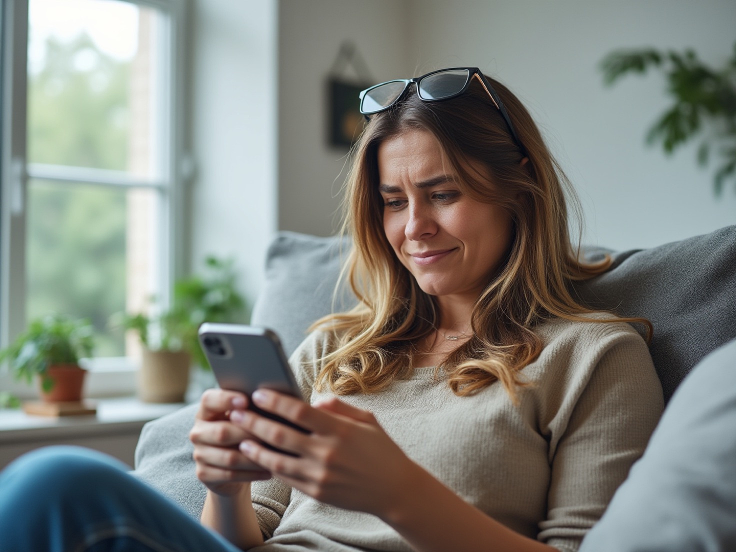 Vrouw op de bank kijkt opgelucht op haar telefoon nadat ze haar verzekering heeft geregeld