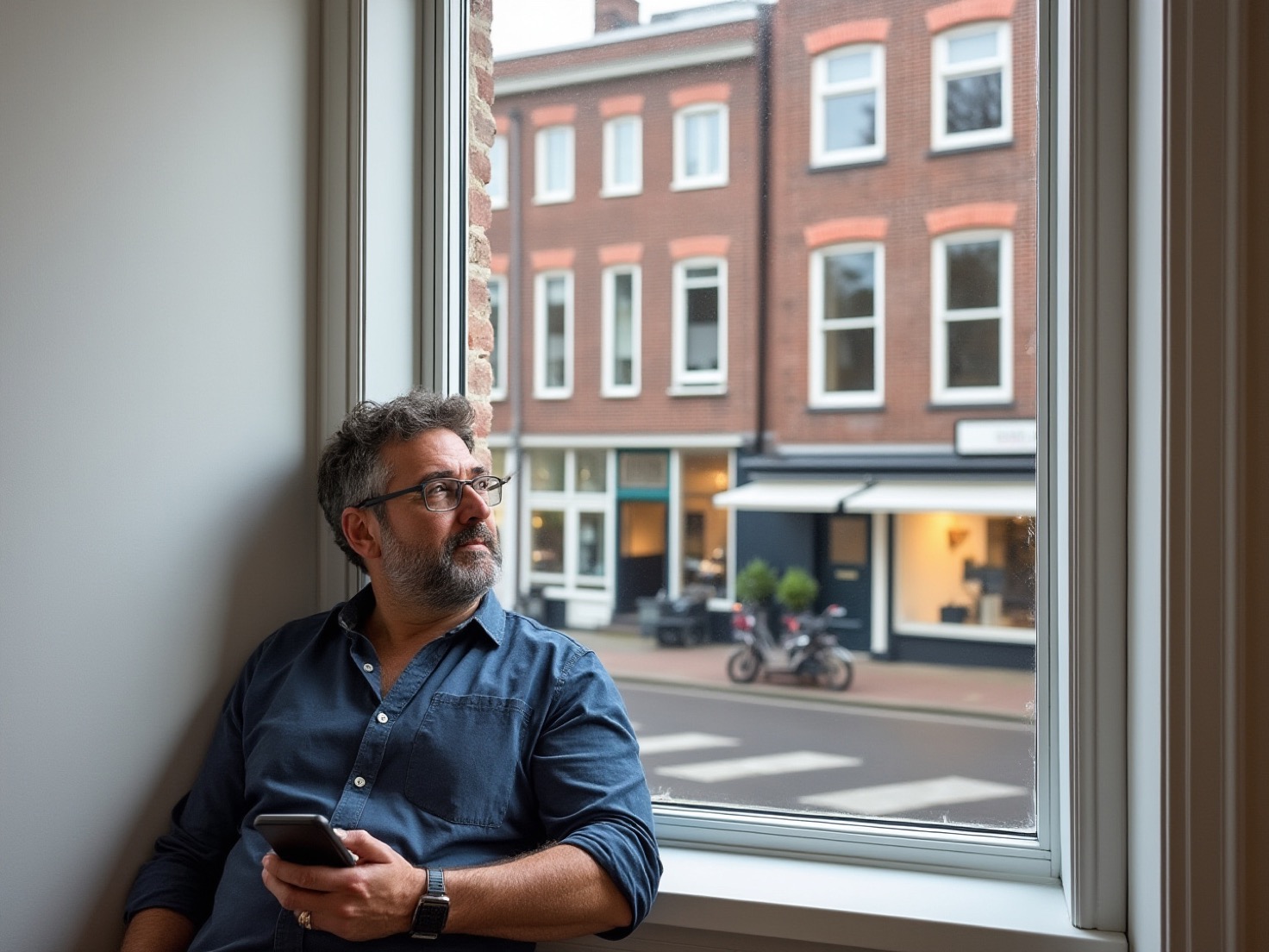 Financieel adviseur staat bij het raam van zijn kantoor met zijn telefoon in de hand