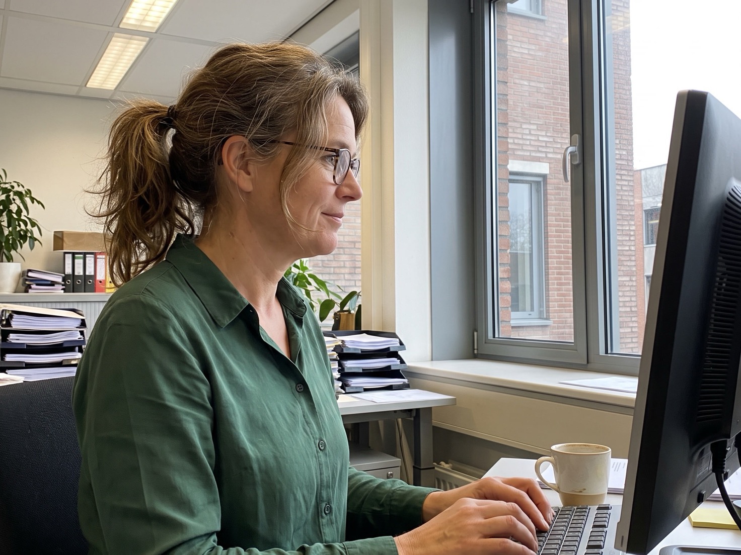 Adviseur aan haar bureau bij het raam van een advieskantoor, werkend achter de computer