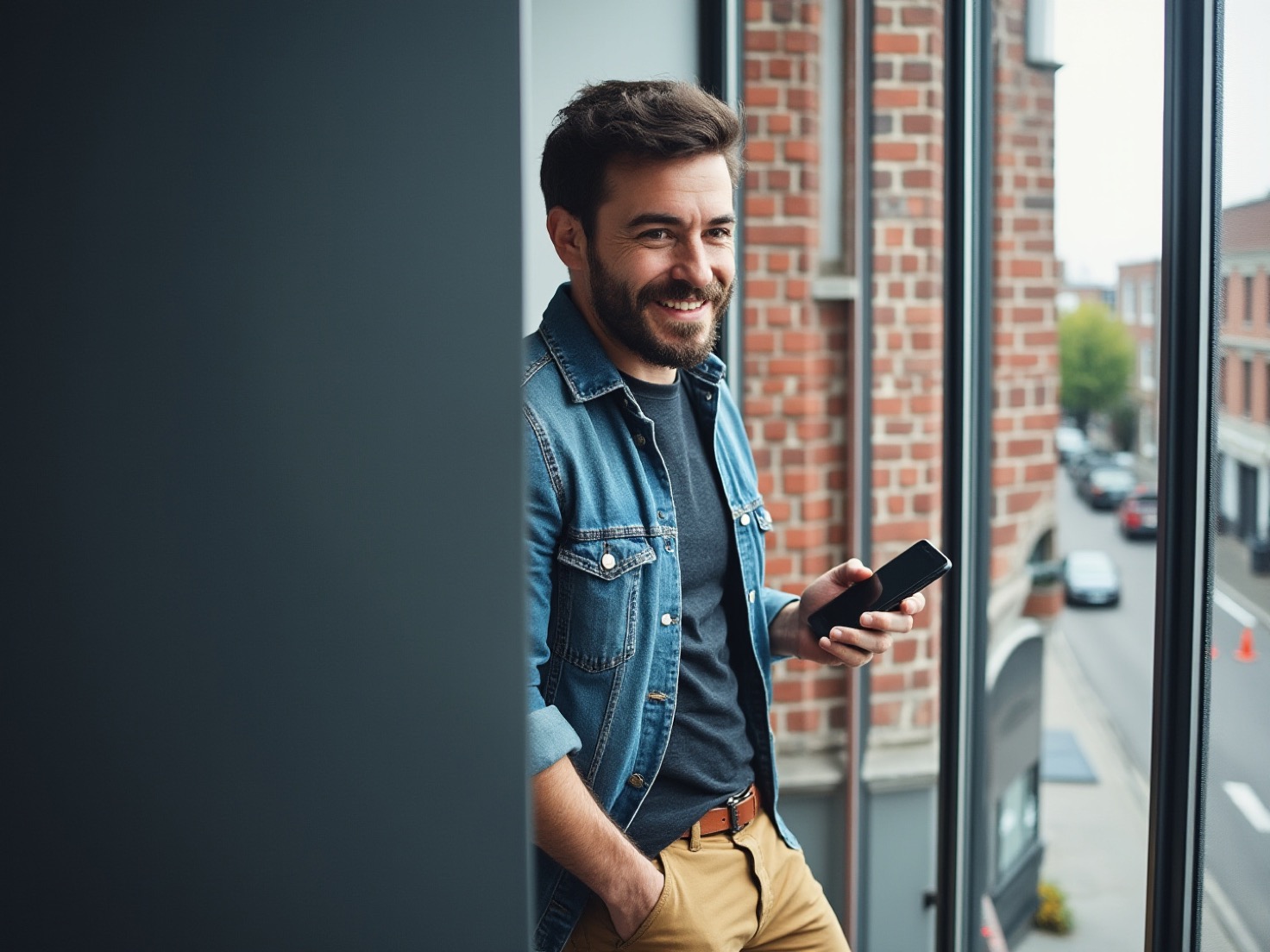 Adviseur leunt tegen het raam met zijn telefoon in de hand en kijkt naar buiten over de straat