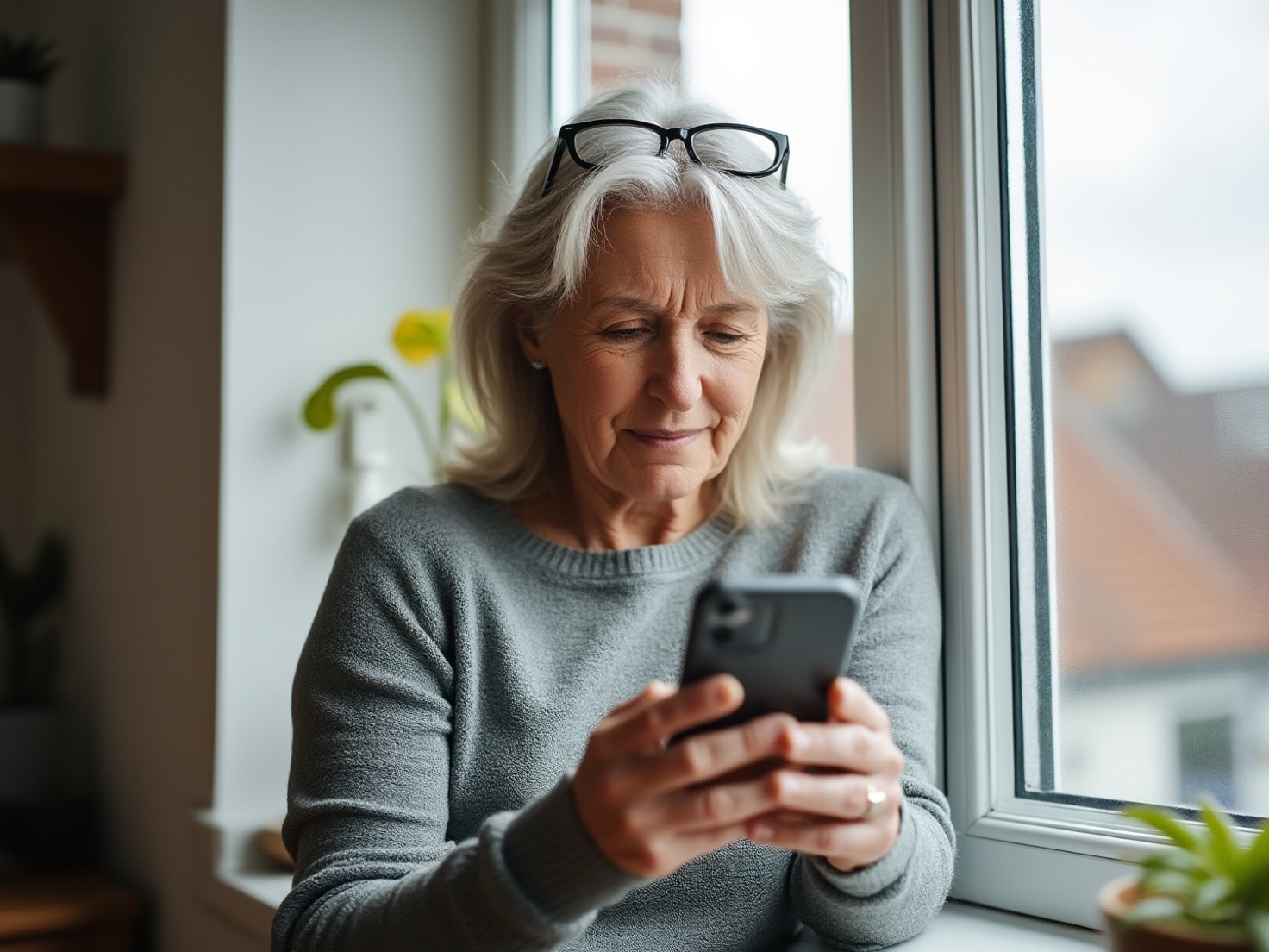 Vrouw zit bij het raam met haar telefoon en kijkt opgelucht naar een bericht