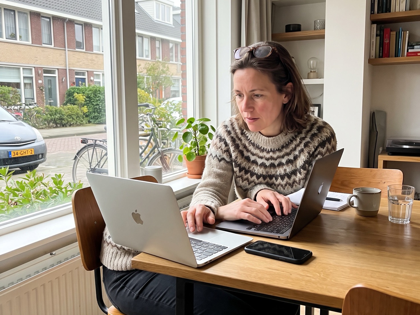 Financieel adviseur werkt aan haar computer bij het raam van een advieskantoor