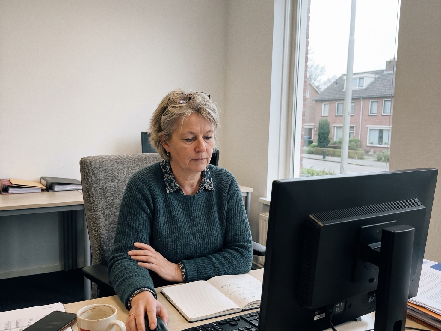 Financieel adviseur achter haar bureau in een rustig advieskantoor