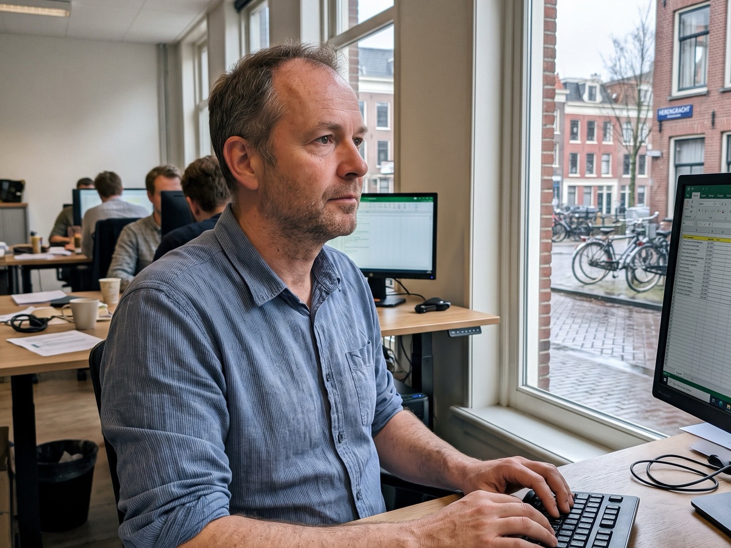 Financieel adviseur achter zijn bureau kijkt door het raam naar de straat voor het kantoor