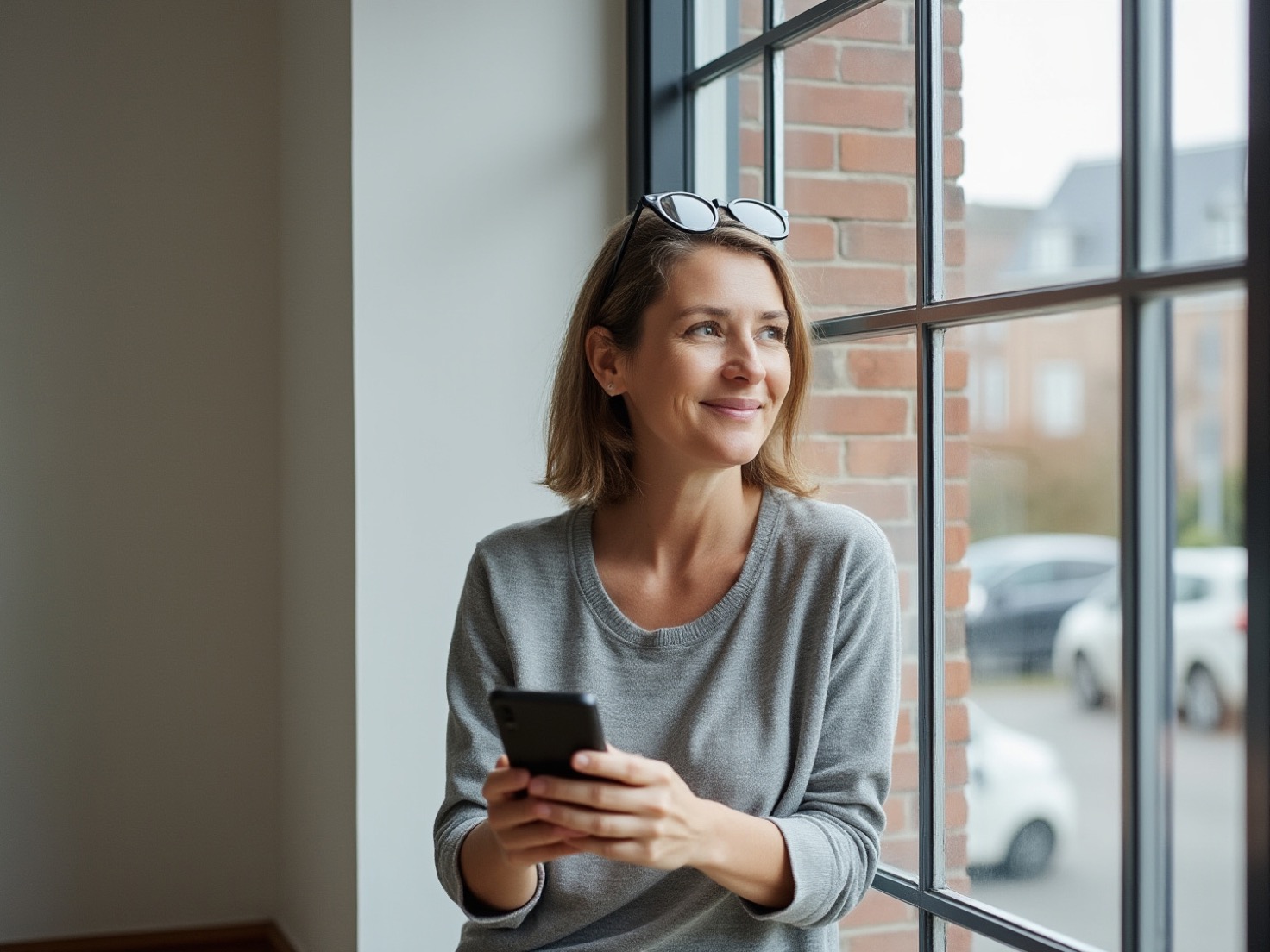 Financieel adviseur kijkt naar buiten in haar kantoor, telefoon in de hand