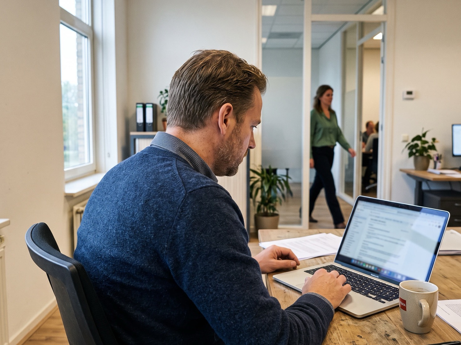 Financieel adviseur aan het werk achter zijn bureau in een rustig advieskantoor