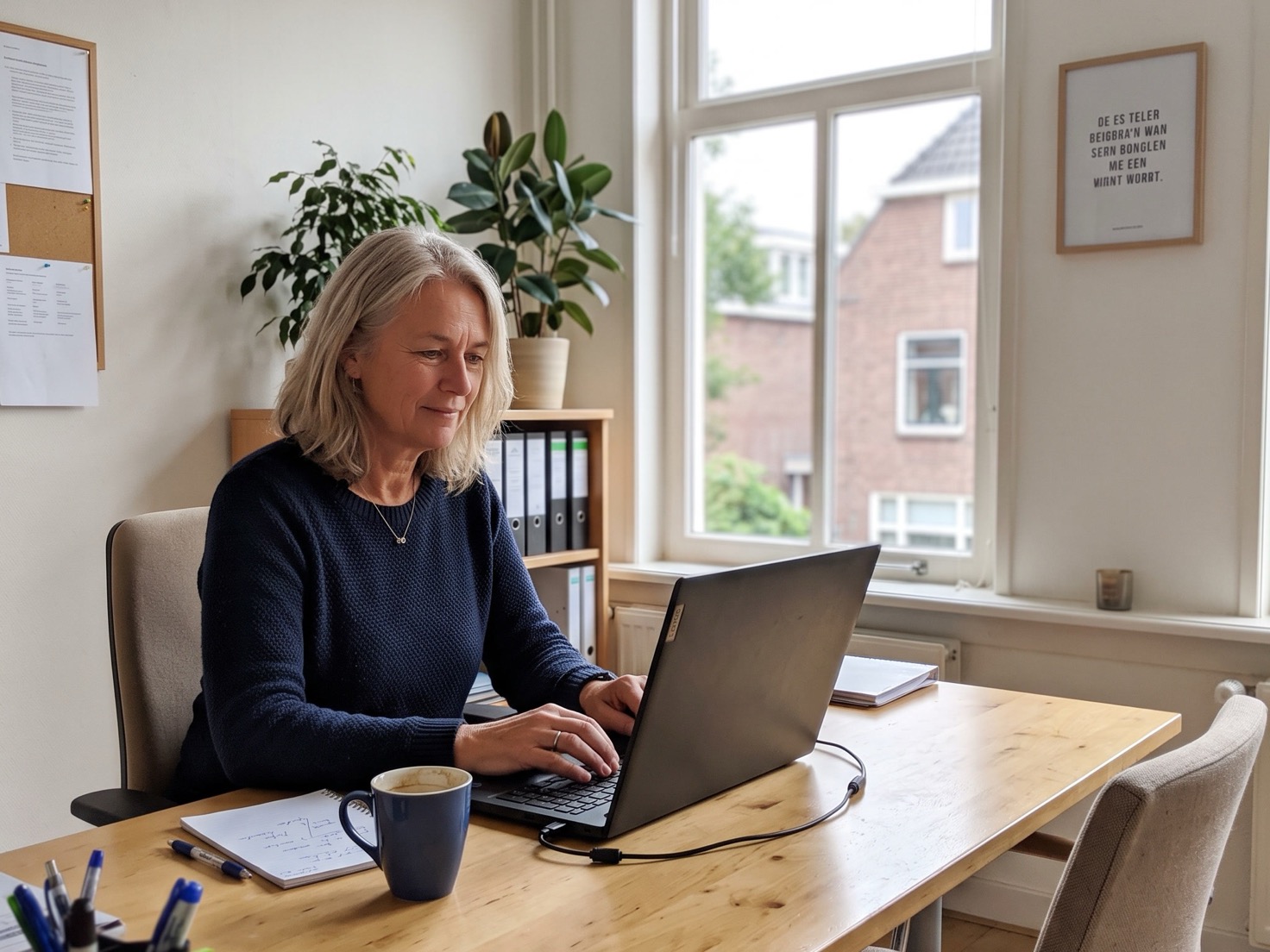 Financieel adviseur werkt geconcentreerd achter haar bureau in een rustig Nederlands advieskantoor