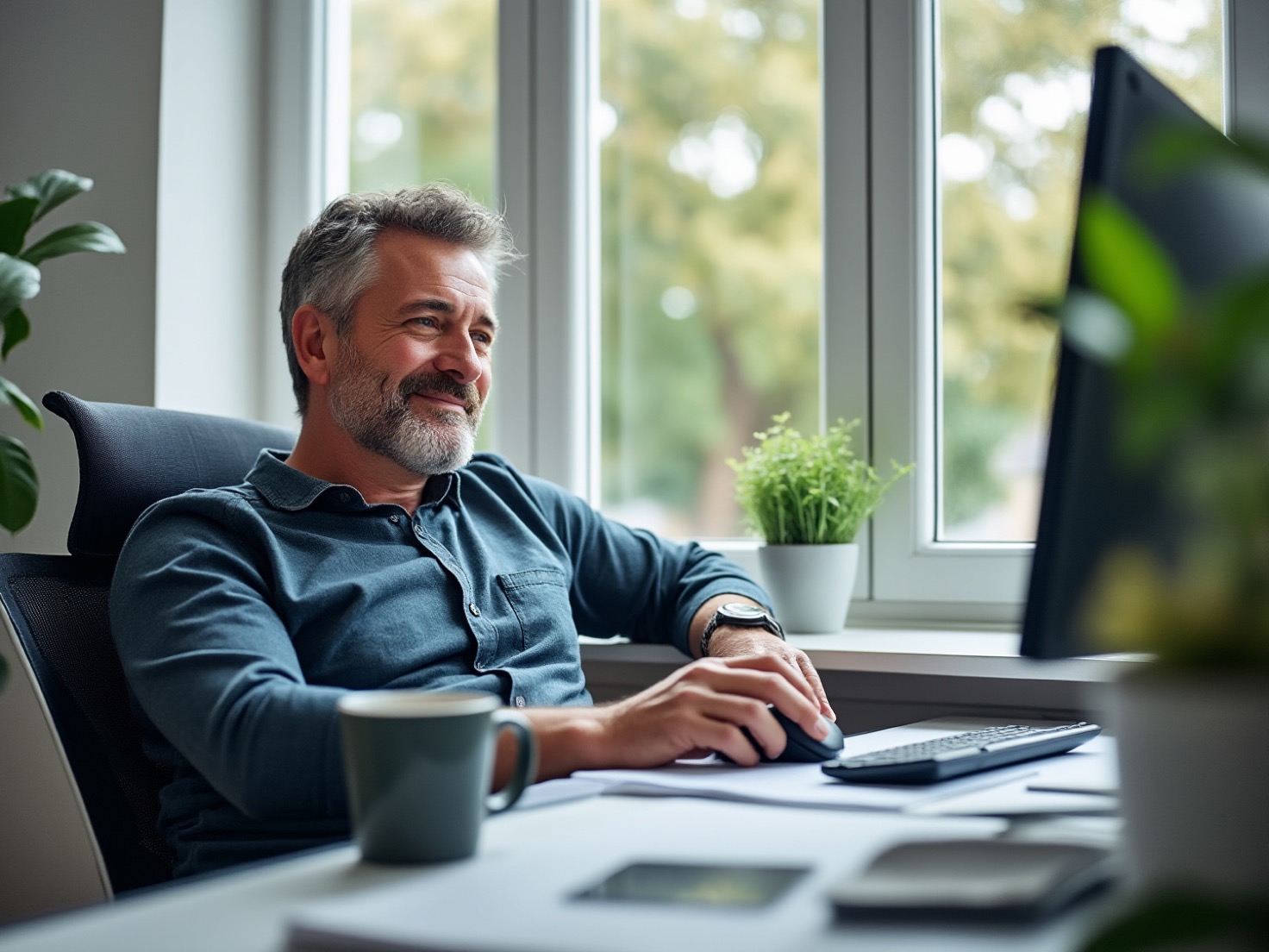 Financieel adviseur achter zijn bureau in een rustig advieskantoor