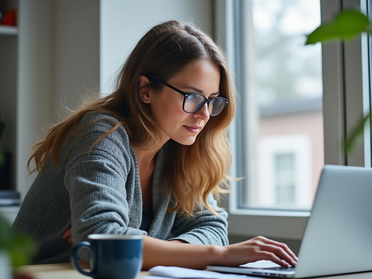 Financieel adviseur kijkt geconcentreerd naar haar laptop in een licht advieskantoor