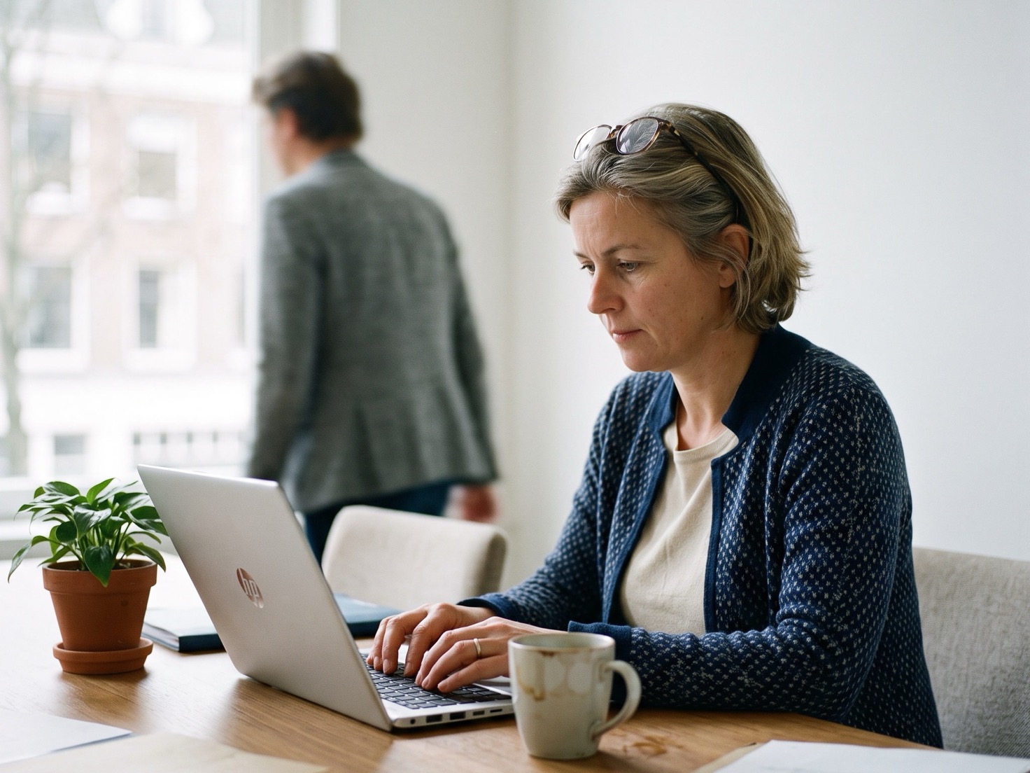 Adviseur werkt geconcentreerd achter een laptop aan de overlegtafel in een Nederlands advieskantoor