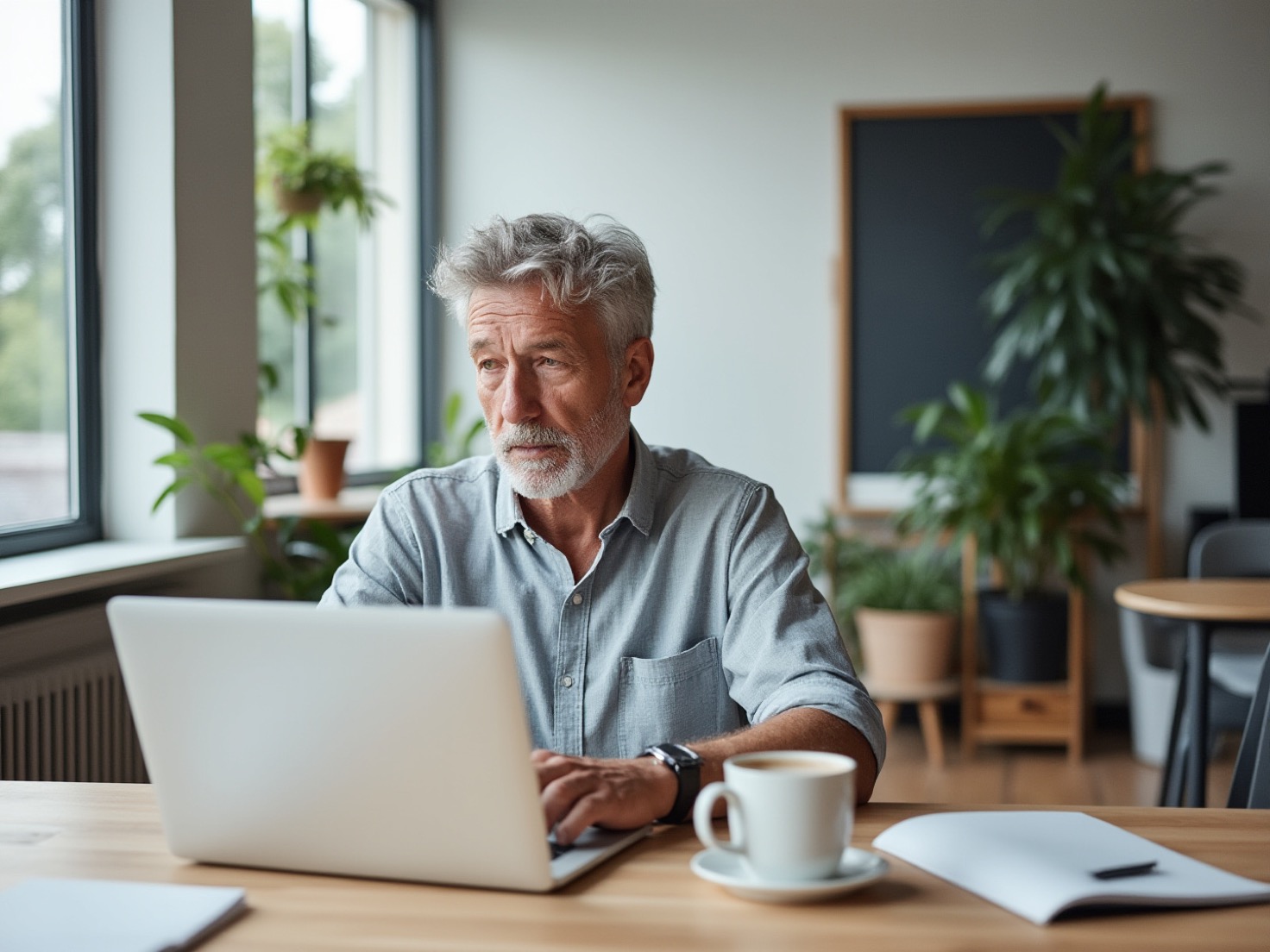 Financieel adviseur werkt aan een laptop in een rustig advieskantoor