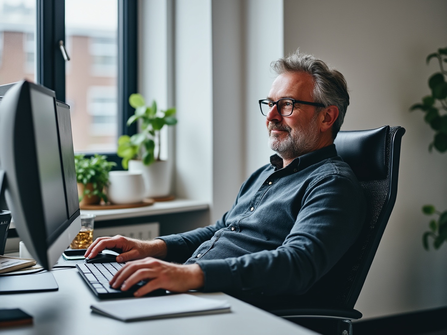 Financieel adviseur achter zijn bureau in een rustig kantoor, bezig met de vindbaarheid van zijn website