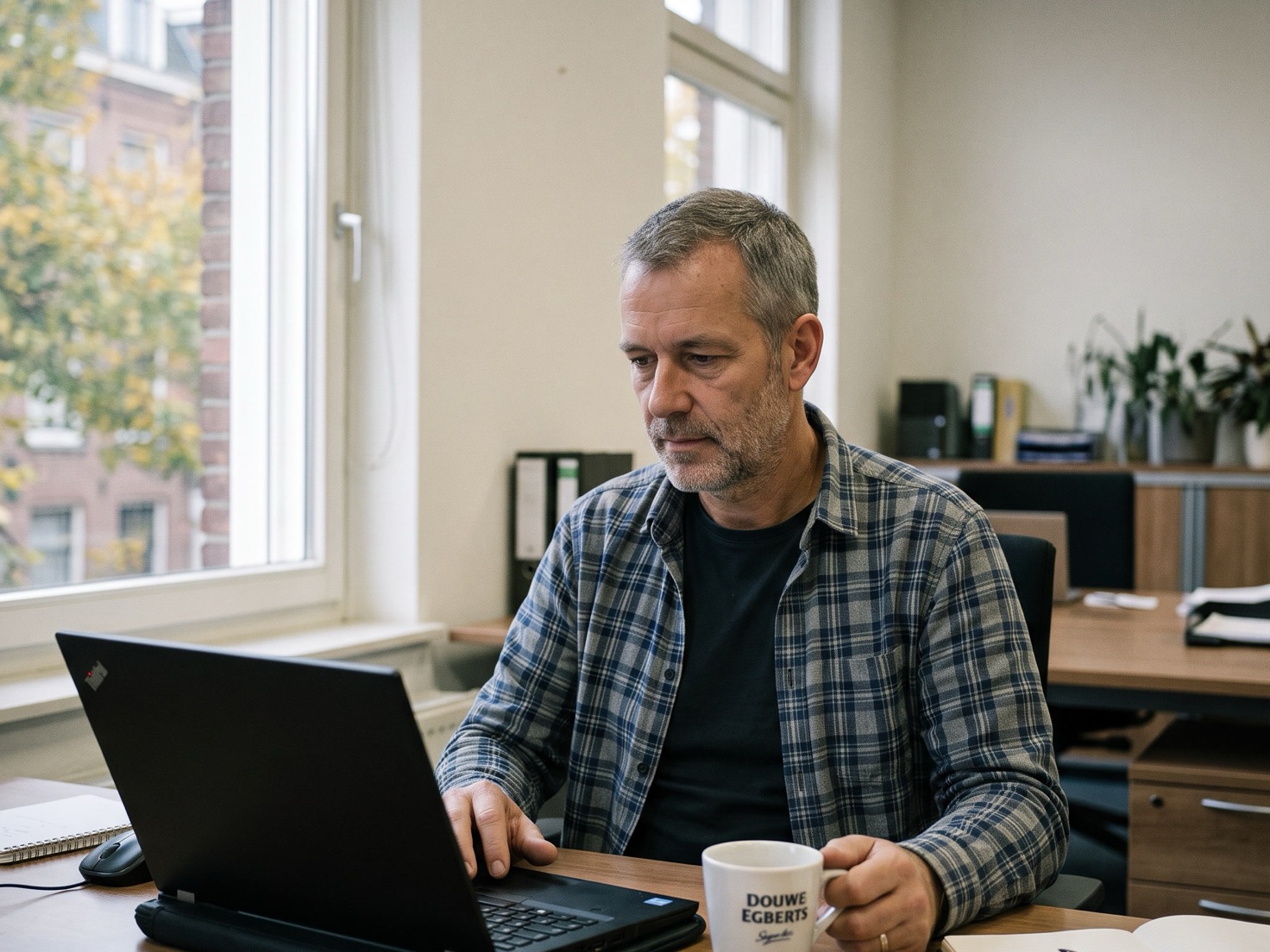 Adviseur werkt geconcentreerd achter een laptop in een rustig advieskantoor na een teamoverleg