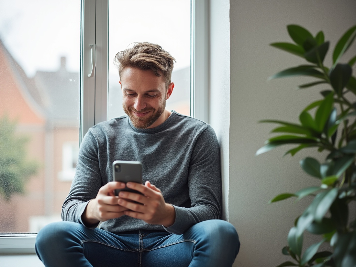 Man op een vensterbank kijkt op zijn telefoon naar een bericht