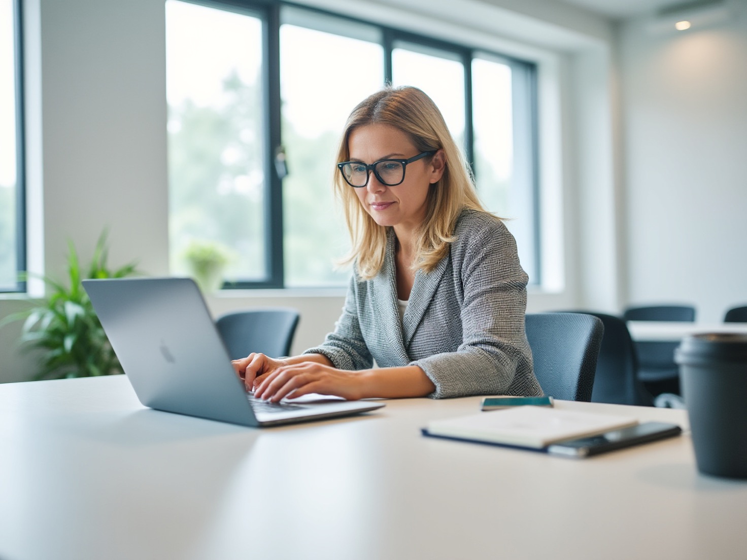 Financieel adviseur werkt geconcentreerd aan een laptop in een rustig kantoor