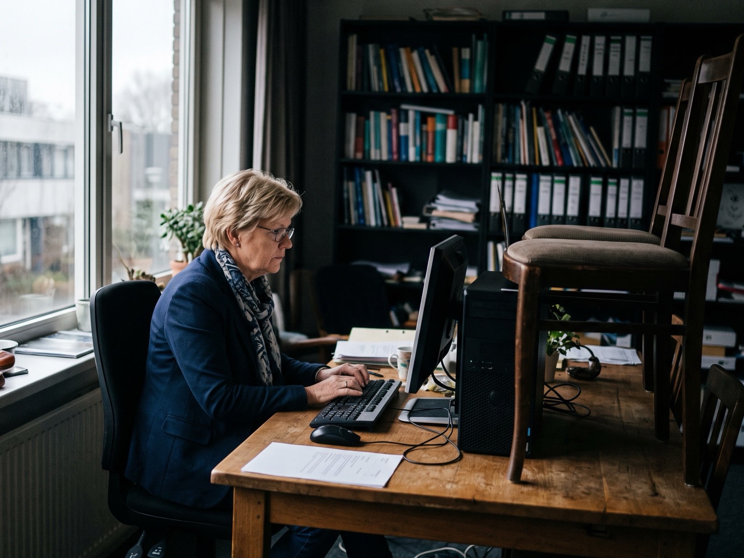 Financieel adviseur werkt aan een tafel bij het raam, met een boekenkast op de achtergrond
