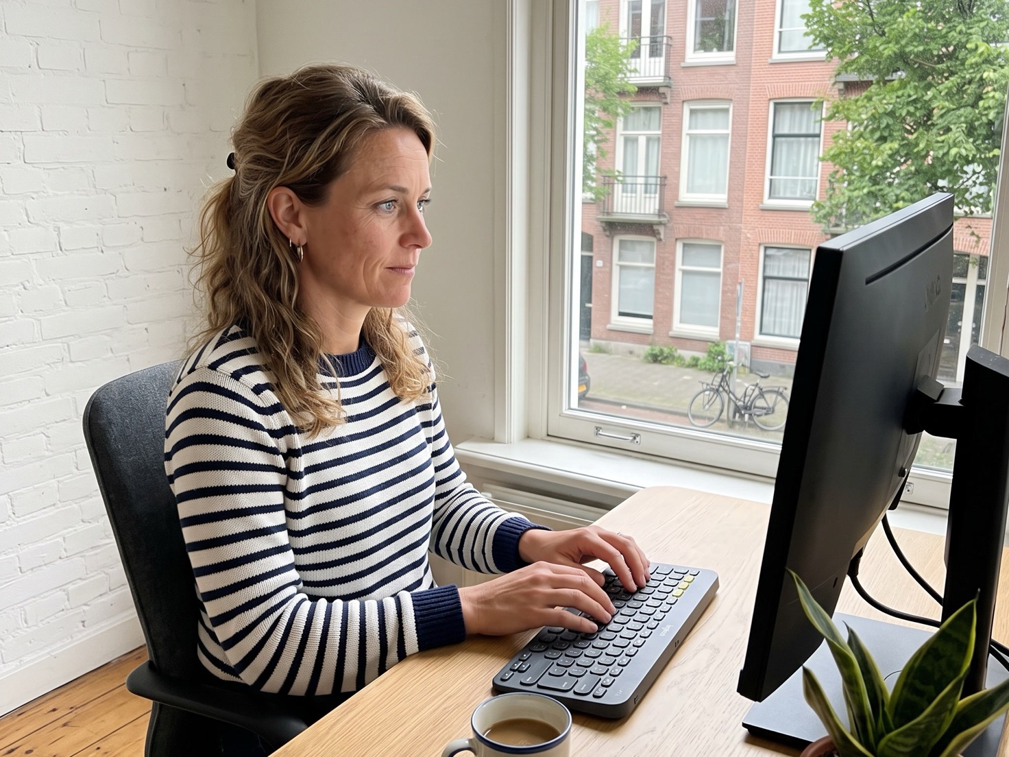 Financieel adviseur werkt geconcentreerd aan haar bureau bij het raam in een rustig kantoor