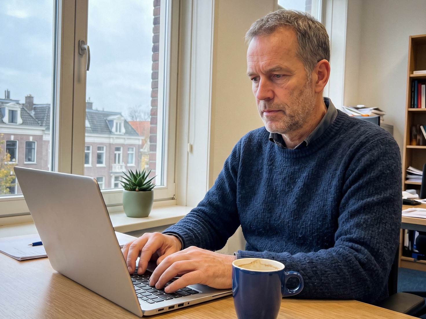 Adviseur werkt geconcentreerd aan zijn laptop in een rustig advieskantoor