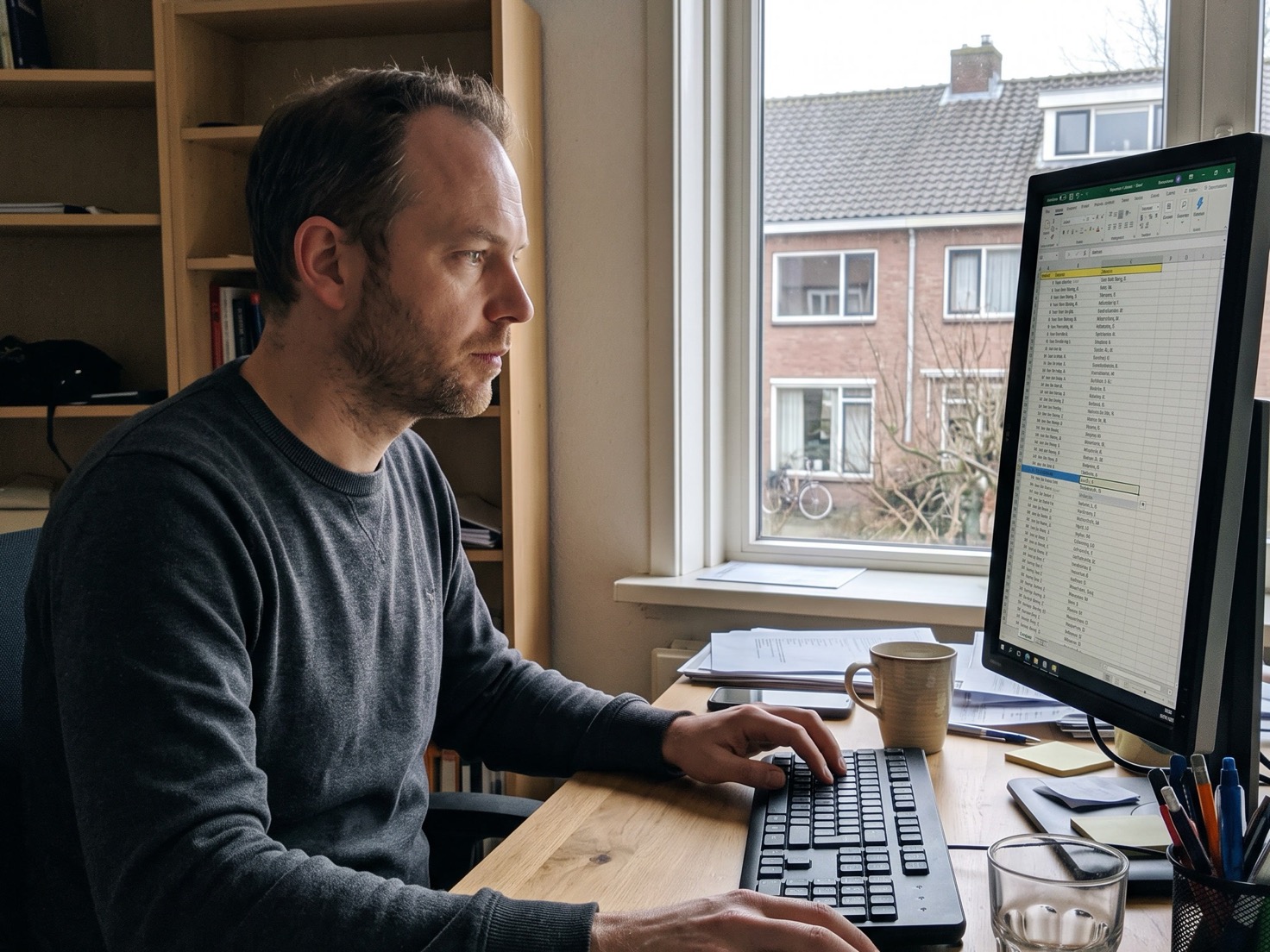 Adviseur bekijkt aan zijn bureau een lijst met klantnamen op zijn beeldscherm
