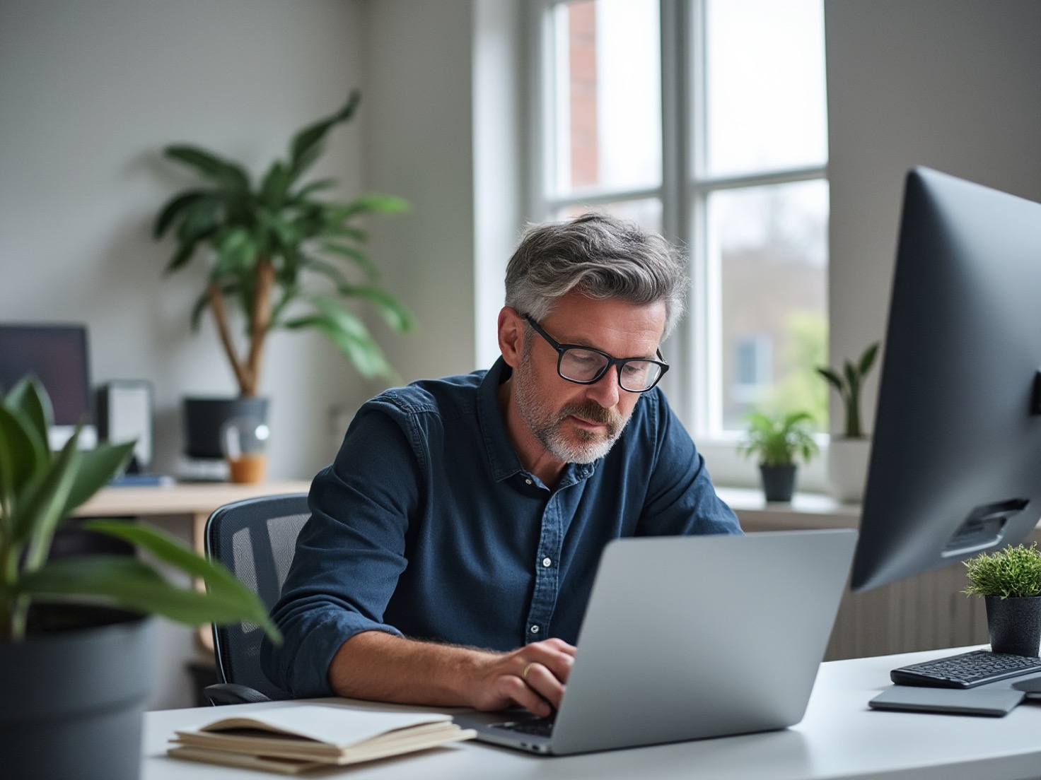 Financieel adviseur kijkt naar een klantoverzicht op de computer in een rustig kantoor