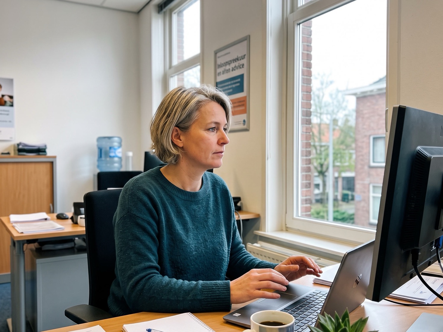 Adviseur werkt geconcentreerd aan haar bureau in een Nederlands advieskantoor