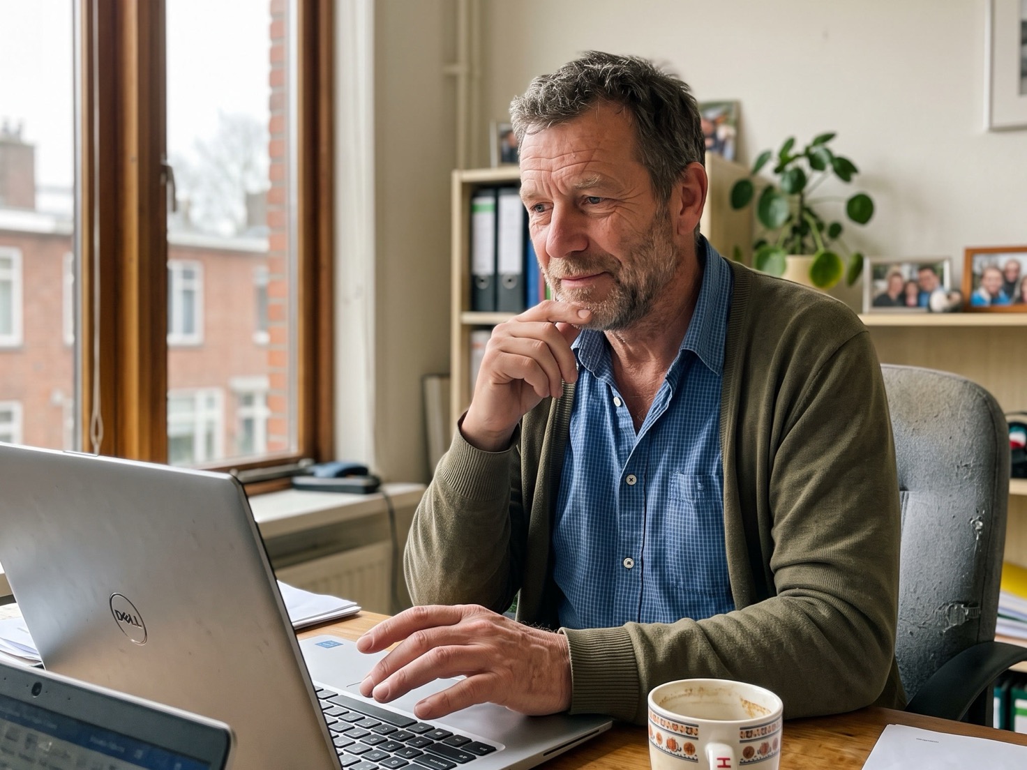 Adviseur werkt geconcentreerd achter zijn bureau met een laptop in een rustig advieskantoor