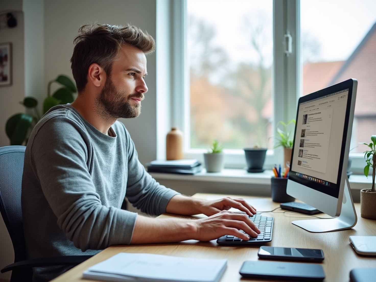 Financieel adviseur werkt geconcentreerd aan een bureau in een rustig kantoor aan huis