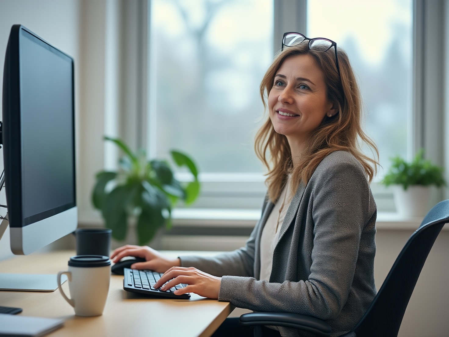 Vrouw van rond de 55 werkt achter een computer in een rustig advieskantoor