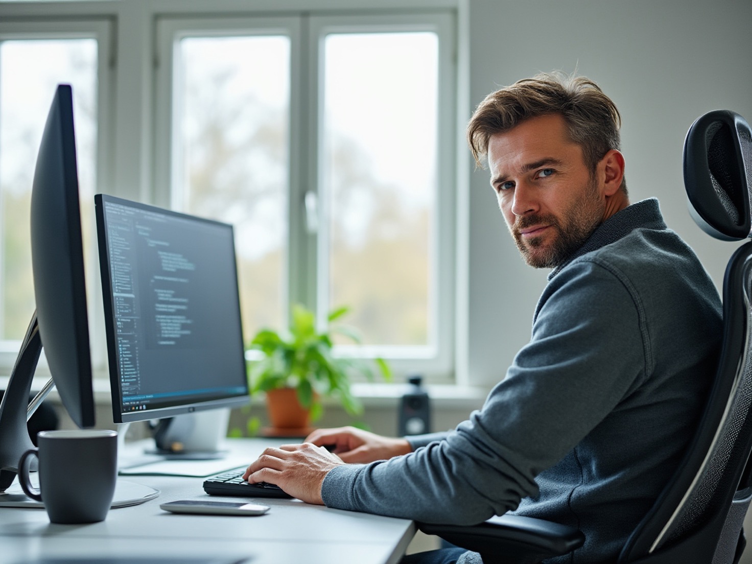 Financieel adviseur leunt achterover aan zijn bureau tijdens een rustig werkmoment op kantoor
