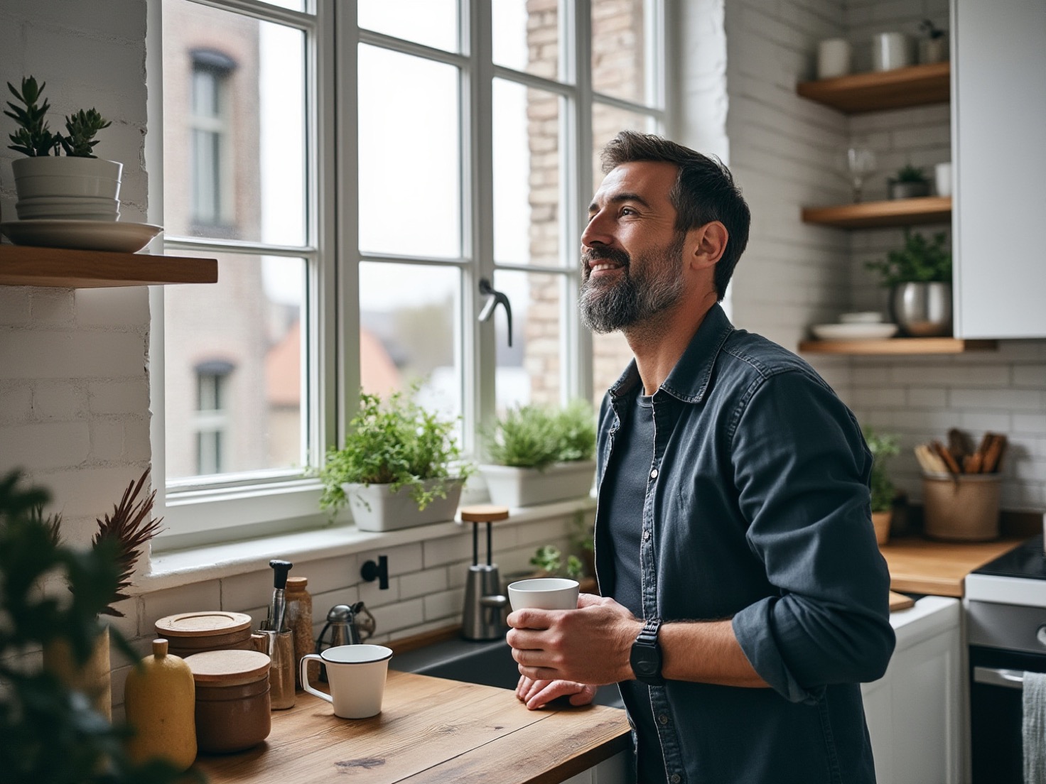 Financieel adviseur zet rustig een mok neer in zijn keuken bij het raam
