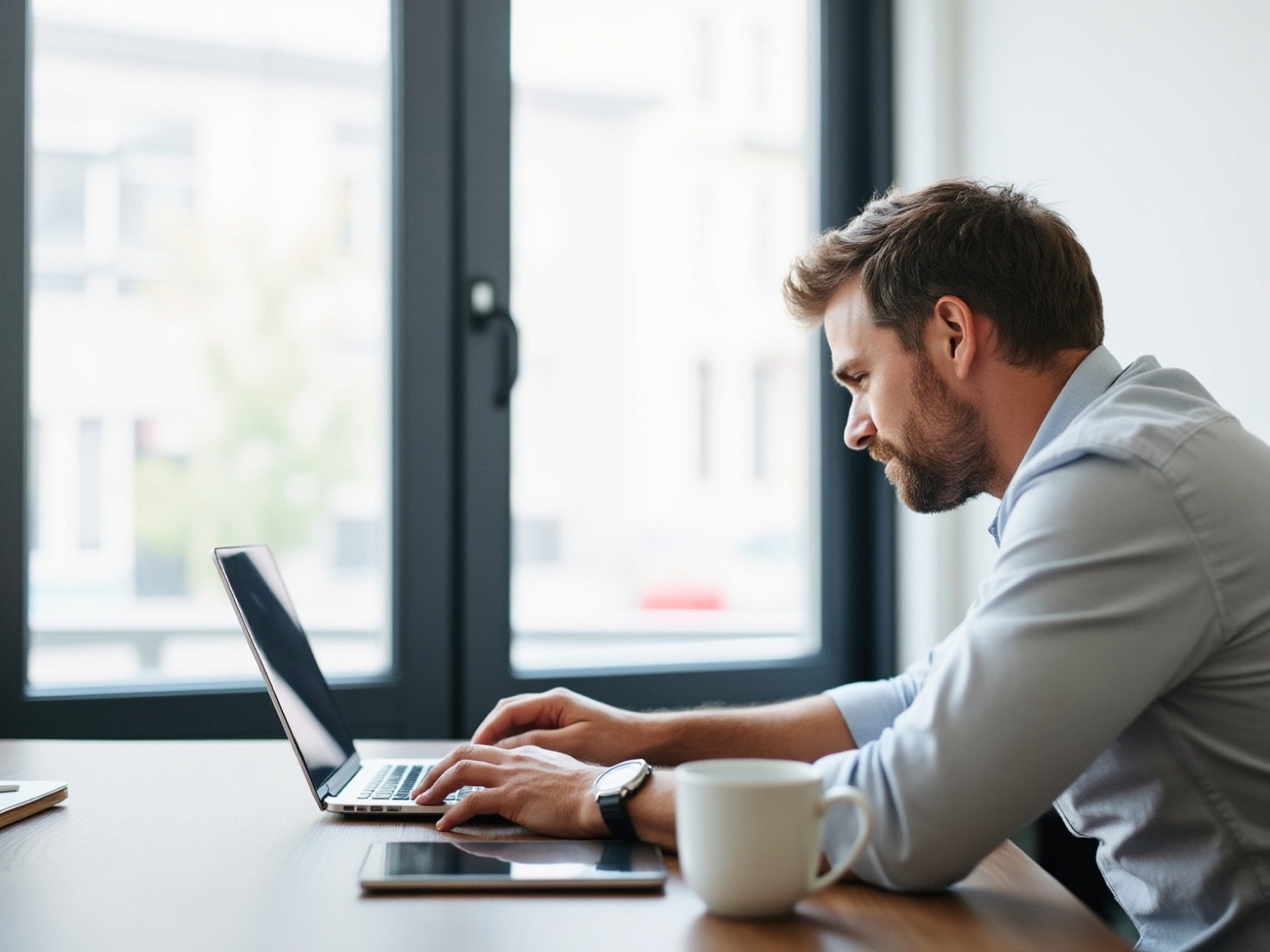 Adviseur werkt geconcentreerd achter zijn bureau aan een klantdocument