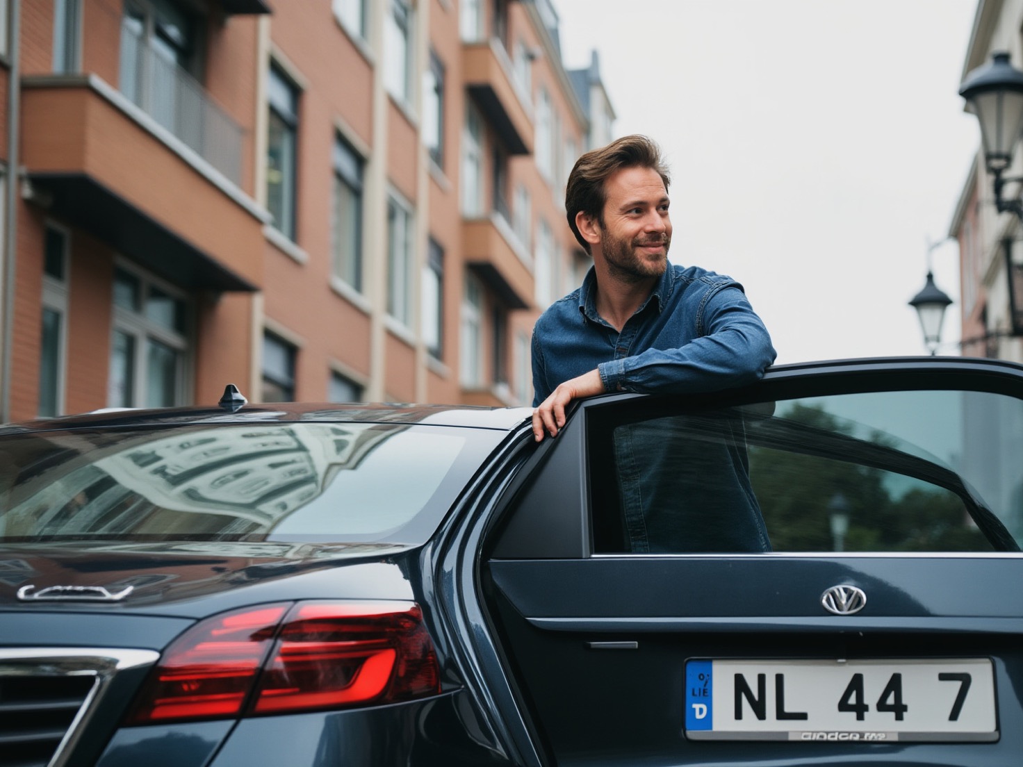 Financieel adviseur stapt uit zijn auto bij het kantoor, klaar voor de werkdag