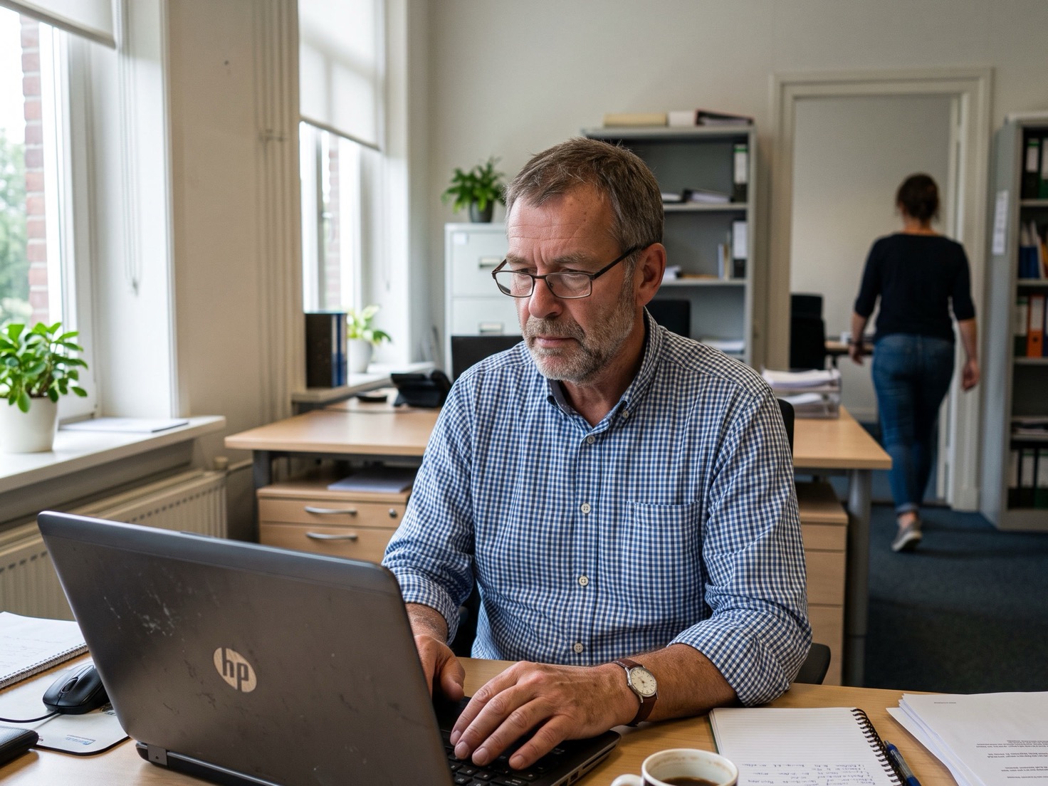 Financieel adviseur werkt door aan zijn bureau terwijl het kantoor om hem heen leegloopt